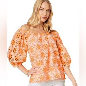 Lilly Pulitzer Orange Floral Eyelet Lace Top